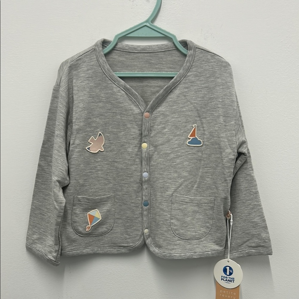 Gray Button-Up Cardigan with Colorful Accents and patches